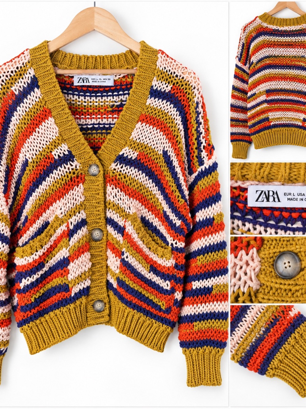 ZARA Chunky Crop Knit Multicolor Cardigan L/XL Button Front Statement 
Sweater - Picture 2 of 6